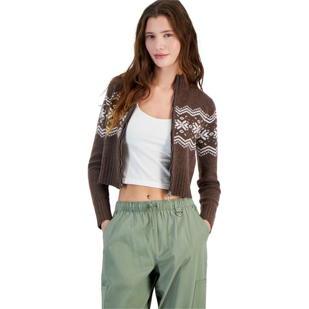 PLANET HEART Womens Juniors Fair Isle Cropped Cardigan Sweater, NWT
